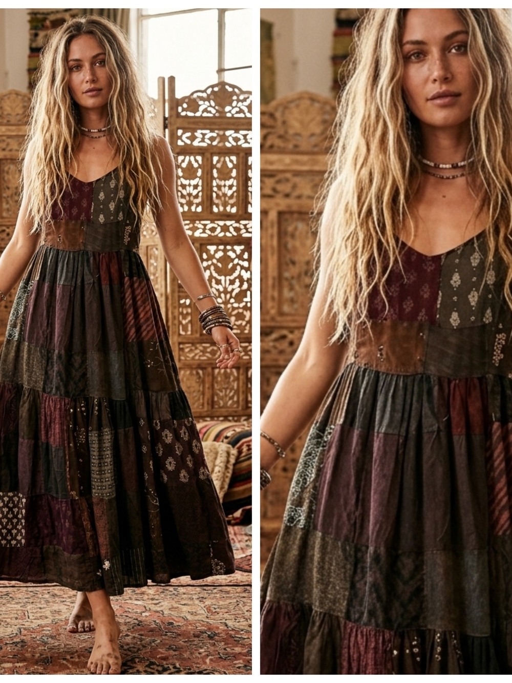 Jaded Gypsy Patchwork Tiered Dress in Mixed Earth Tones Patchwork Vintage Wash